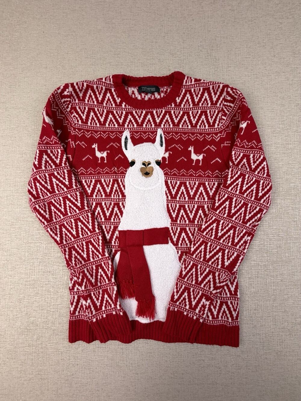33 Degrees Men’s XL Llama Ugly Christmas Sweater Red 3D Scarf Fair Isle